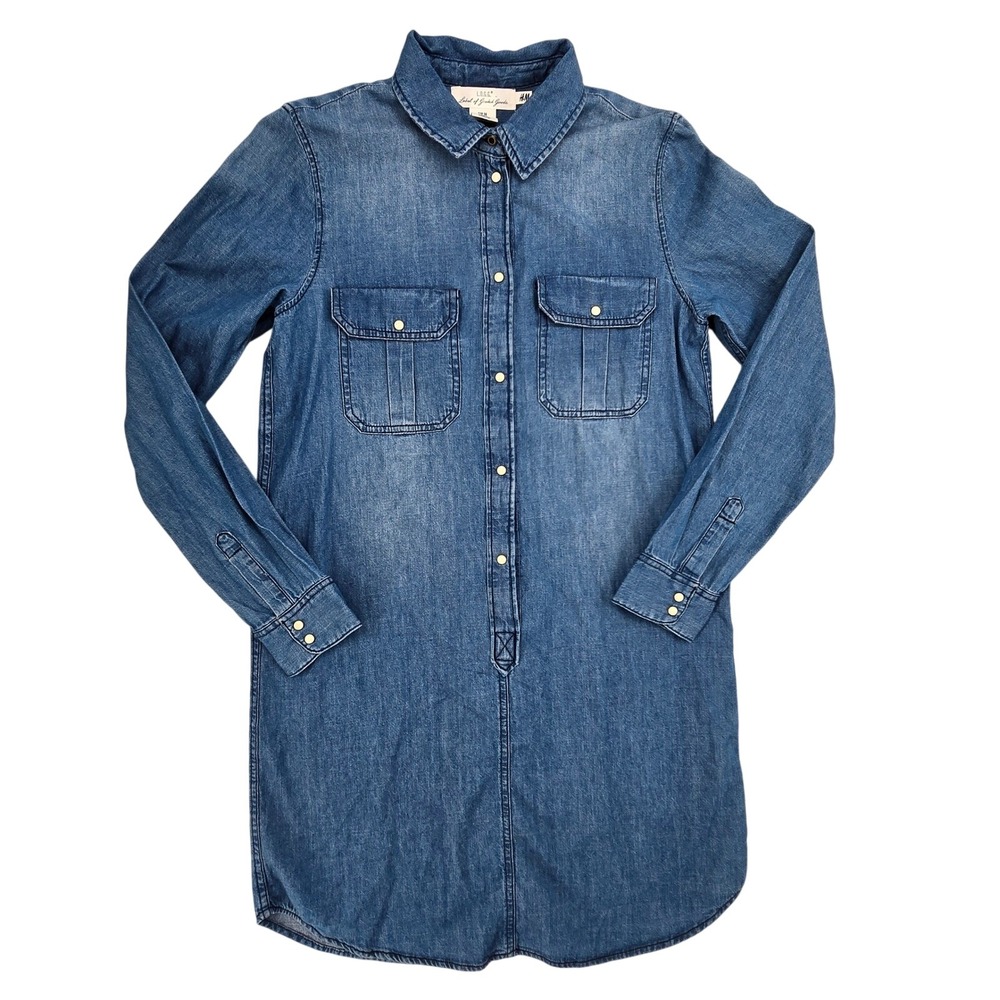 H&M LOGG Denim Shirt Dress Womens Size 6 Blue Cotton Long Sleeve Classic Preppy